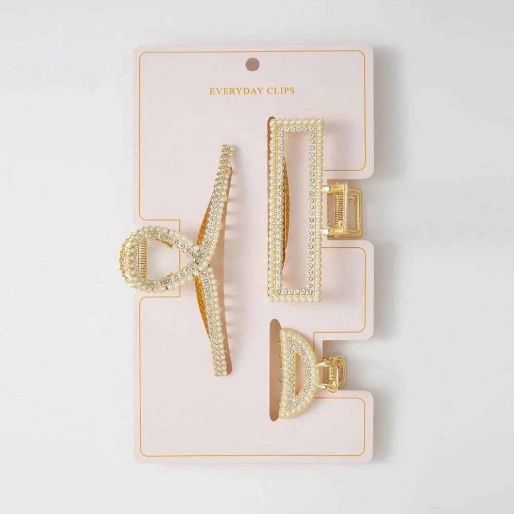 Set of 3 Rhinestone, Gold, and Pearl Hair Clips - NWT
